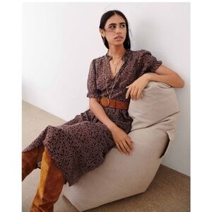 Ba&sh Pally Floral Midi Dress Large Ruffle Short Sleeves V Neck Brown